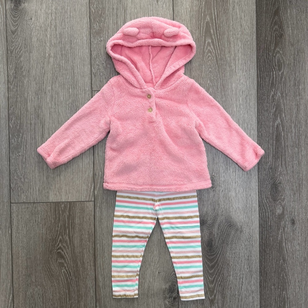 CARTERS 2PC FLEECE HOODED PULLOVER SWEATSHIRT AND LEGGINGS OUTFIT PINK 18MO